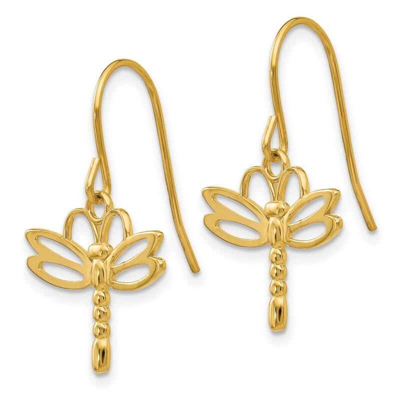 Curata 14k Yellow Gold Dangle Polished Dragonfly Hook Earrings - 26x16mm