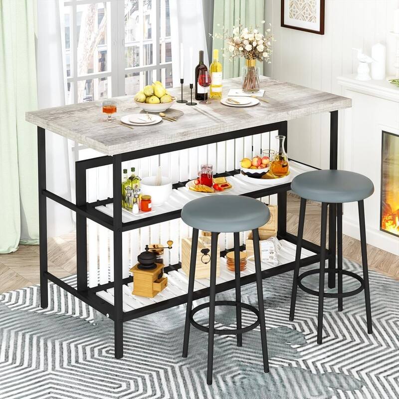 Grondin Mid-Century Modern 3-Piece Faux Marble Top Kitchen Island Set with 2 Stools and Shelves