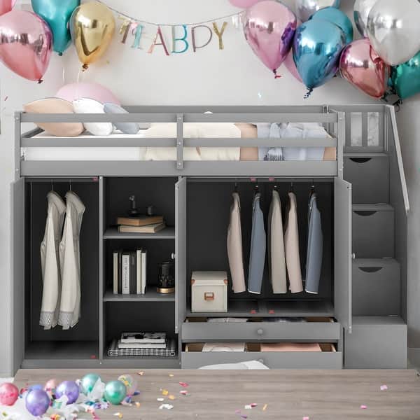 slide 2 of 16, Modern Functional Twin Size Loft Bed With 3 Shelves,2 Wardrobes And 2 Drawers, Ladder With Storage Grey