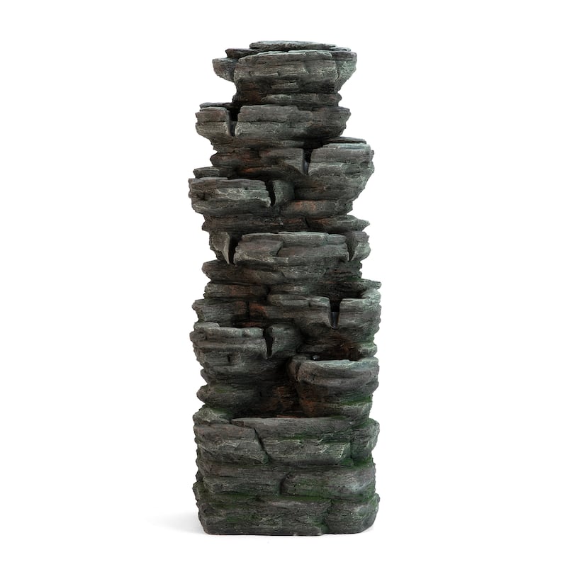 Glitzhome 39.25"H 9-Tiered Cascading Rock Polyresin Outdoor Fountain with Pump and LED Light