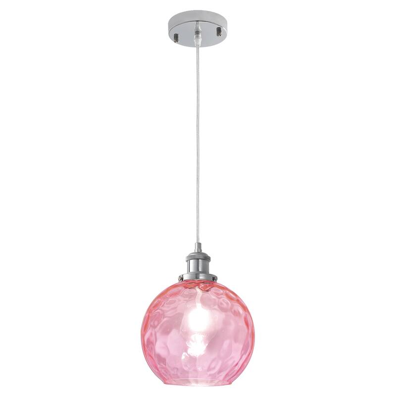 1-Light Metal Hanging Pendant Light with Glass Shade for Kitchen Island - Pink