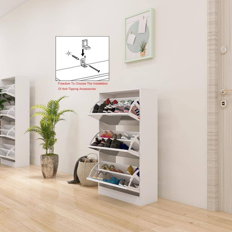 White 3-Tier Slim Shoe Storage Cabinet with Mirror
