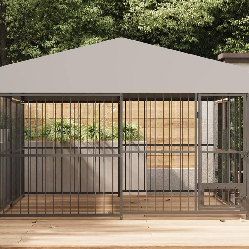 Dog Cage Kennel with Rotating Feeding Bowl Waterproof Roof Cover