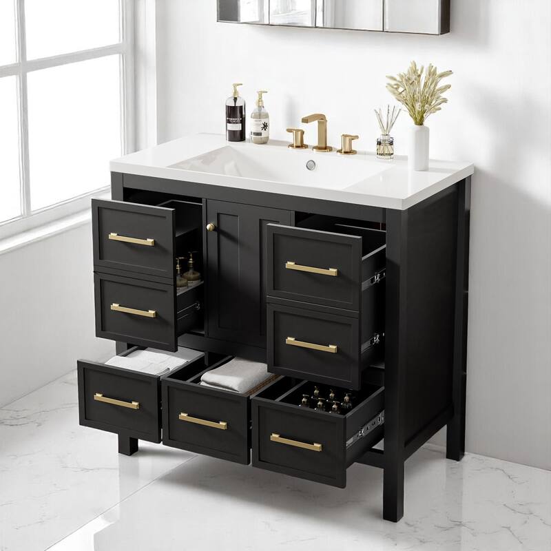 Modern 36 Inch Bathroom Vanity with Resin Basin Top, 5 Storage Drawers and Cabinet, Freestanding Bathroom Cabinet