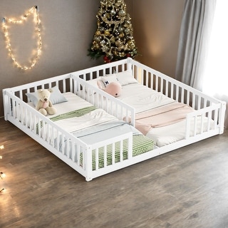 Sturdy Structure Double Twin Floor Bed with Fence,Guardrails