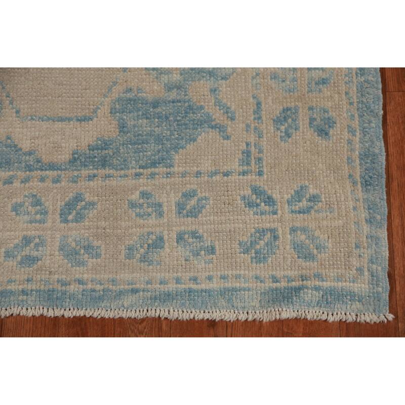 Hand Knotted Oriental 100% Wool Carpet Transitional Geometric Navy Blue & Blues Oushak Runner Rug - 13' 1'' X 3' 6''