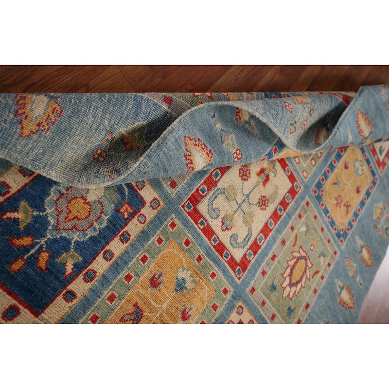 Garden Design Blue Kazak Oriental Area Rug Hand-Knotted Wool Carpet - 4'3" x 6'2"
