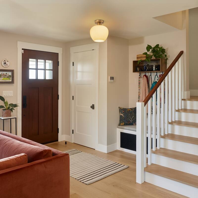 1-Light Gold Dome Flush Mount Ceiling Light with Opal Glass