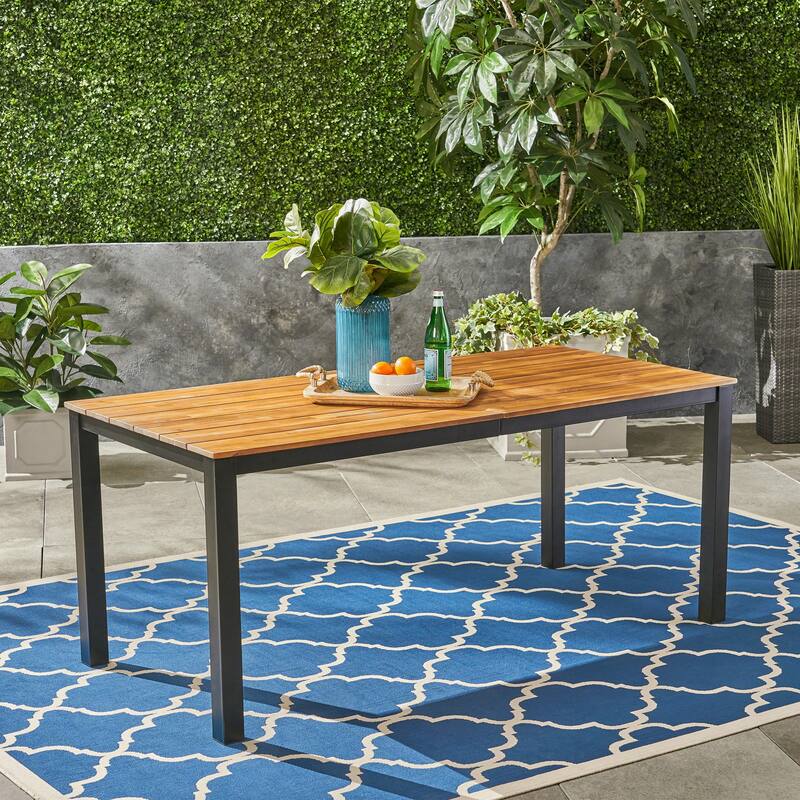 Roomfitters Rectangular Outdoor Dining Table, 71" Acacia Wood Farmhouse Patio Table, Black Metal Frame