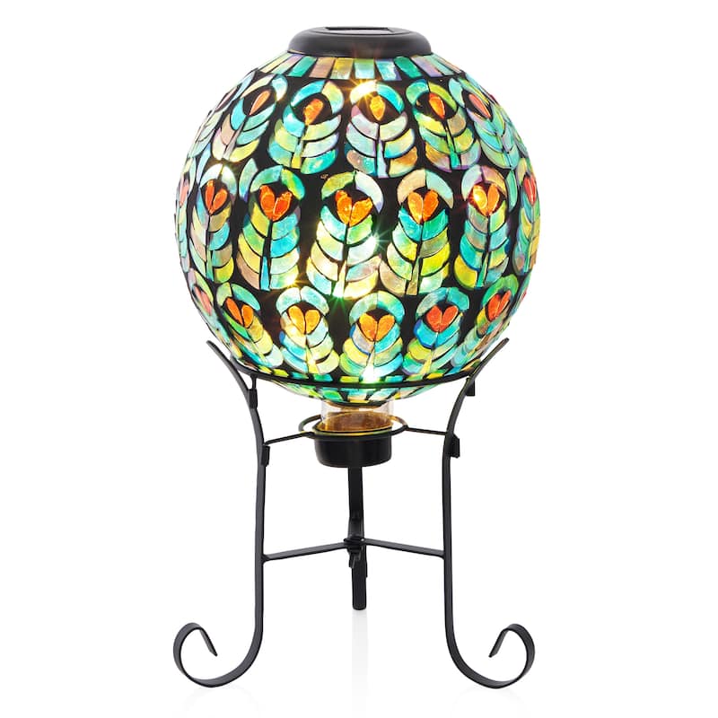 Solar 10" Peacock Feather Mosaic Gazing Globe w/Metal Stand