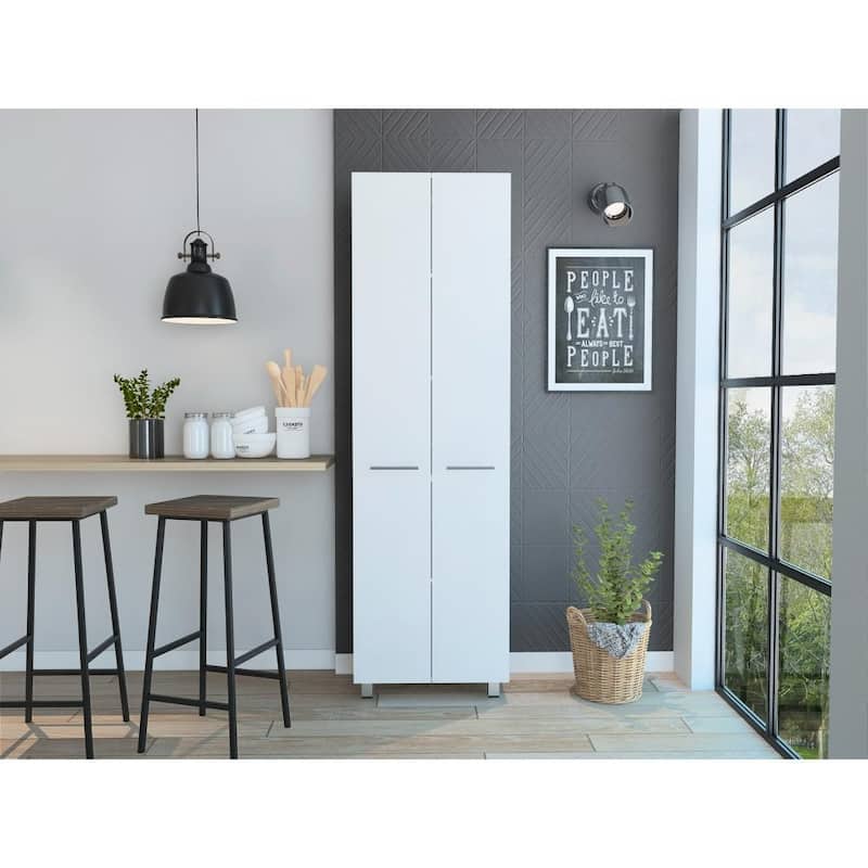 Pantry Cabinet for Kitchen, Five Interior Shelves, Four Legs - White