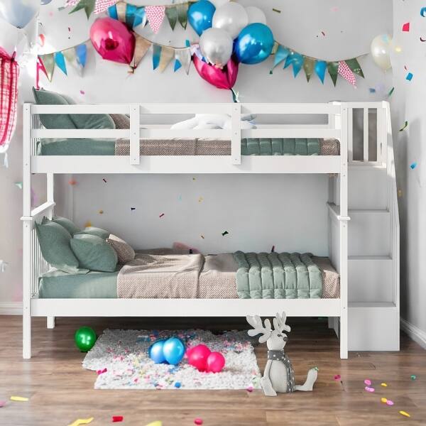 slide 2 of 16, Full-over-Full Bunk Bed with Stairway, Storage and Guard Rail White