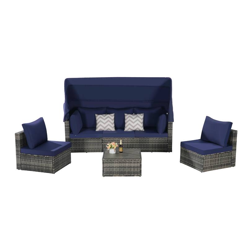 5-Piece Outdoor Patio Wicker Daybed Set with Retractable Canopy, Storable Table