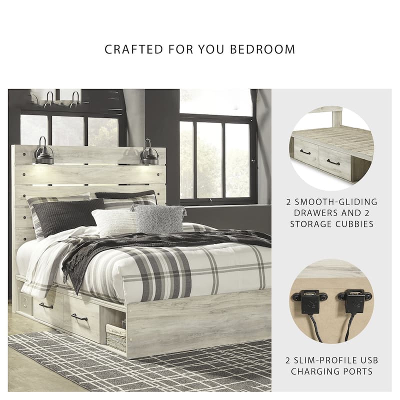 Cambeck Whitewash Panel Bed With 2 Under Bed Storage Drawers