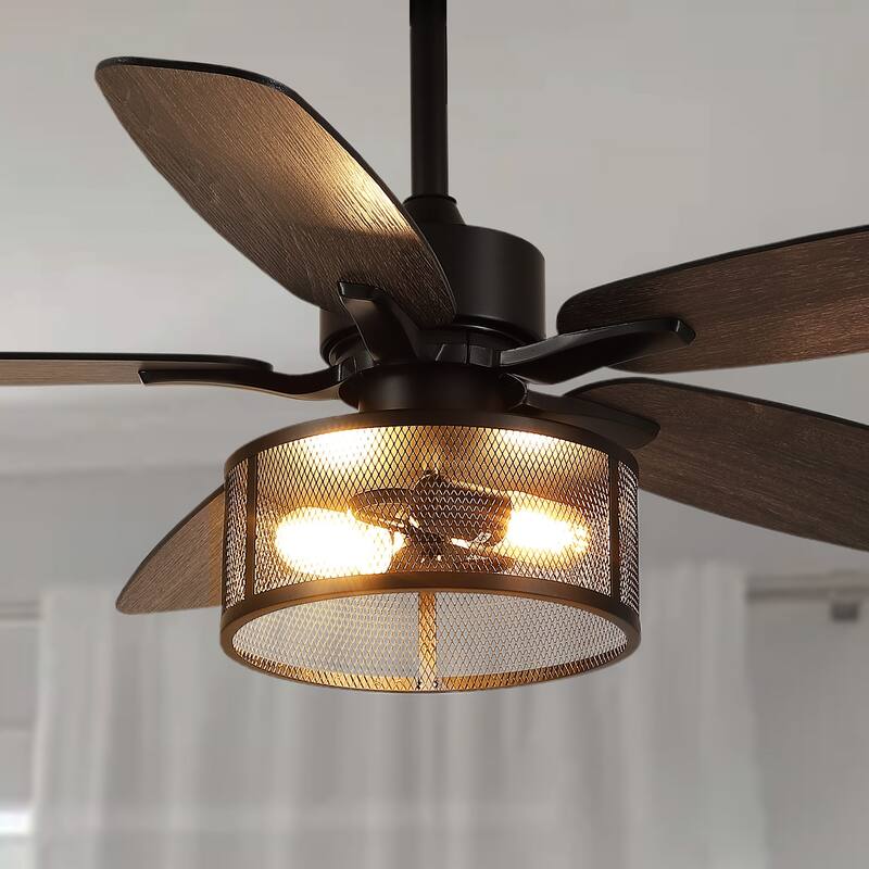 52 Inch Indoor and Outdoor Farmhouse Ceiling Fan with Light DC motor Wooden Blades Waterproof - Grey-56"