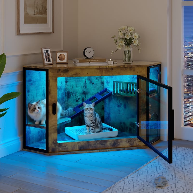 48" Corner Cat Litter Box Enclosure, Modern Hidden Litter Box Corner Cabinet with Acrylic Door and LED Light