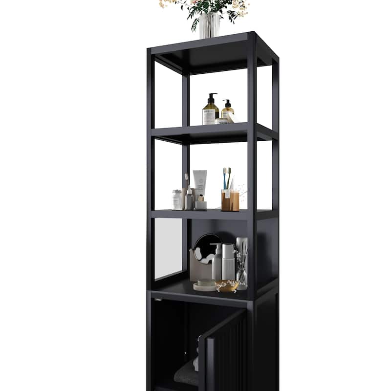 BLACK Storage Tall Slim Cabinet with Shutter Door and 3 Tier Shelves, Freestanding Linen Tower Cabinet for Living Room,