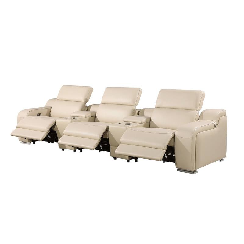 HomeRoots 129" Beige Italian Leather Reclining USB Sofa