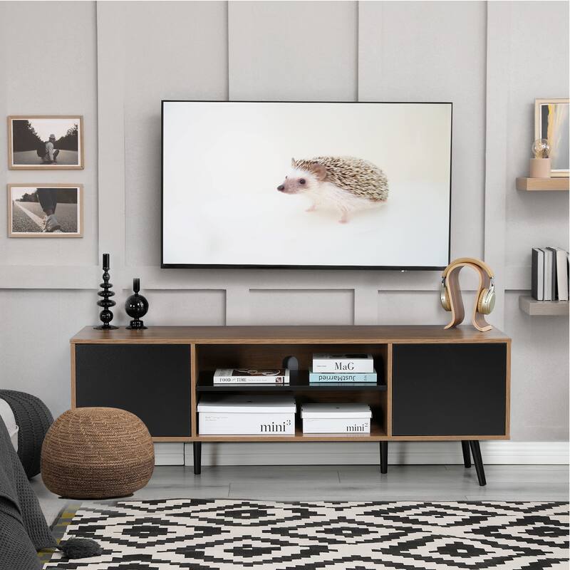 AVAWING Mid-Century Modern TV Stand for 60" TV with Storage and Open Shelf
