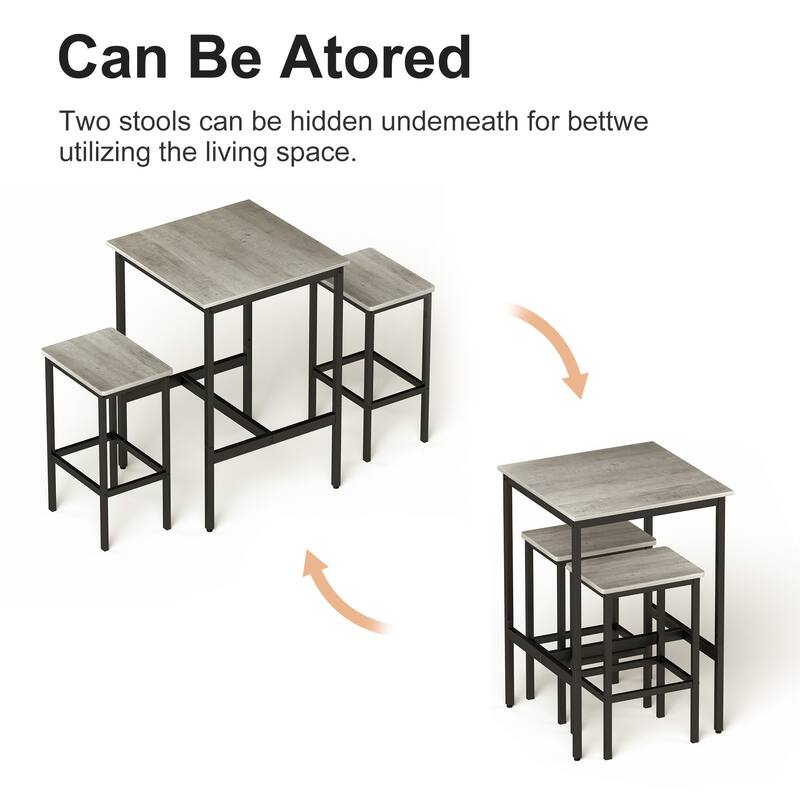 3-Piece Bar Table Set, Industrial Style Square Wood Bar Table with 2 Backless Bar Chairs - 23.6"Lx23.6"Wx35.4"H