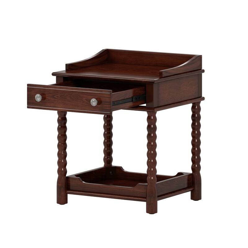 Retro Style Nightstand with Drawer & Open Shelf - Turned Legs Bedside Table with Metal Handle (Walnut)
