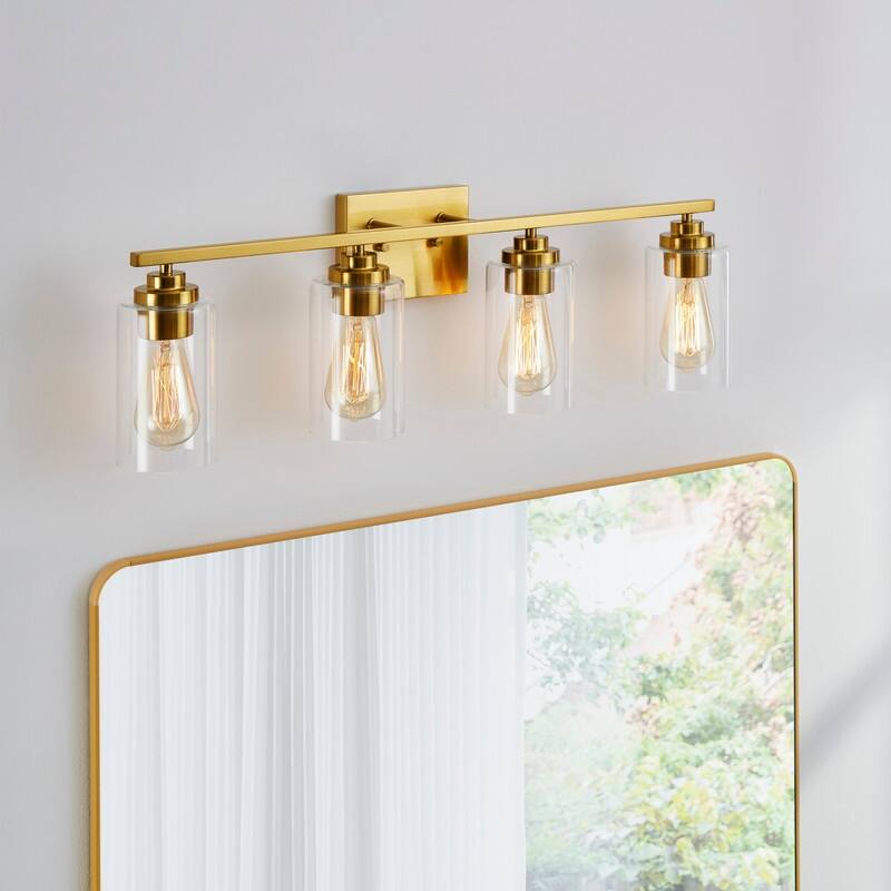KAWOTI 4 Light Bathroom Vanity Light with Clear Glass Shade - Antique Brass