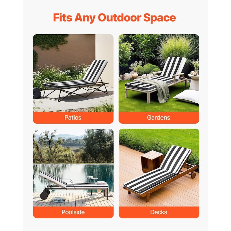 Set of 2 Black, White Stripes Patio Chair Cushion Set with High-Density Foam and Anti-Slip Ties - 74.37” x 22.08” x 2.79”