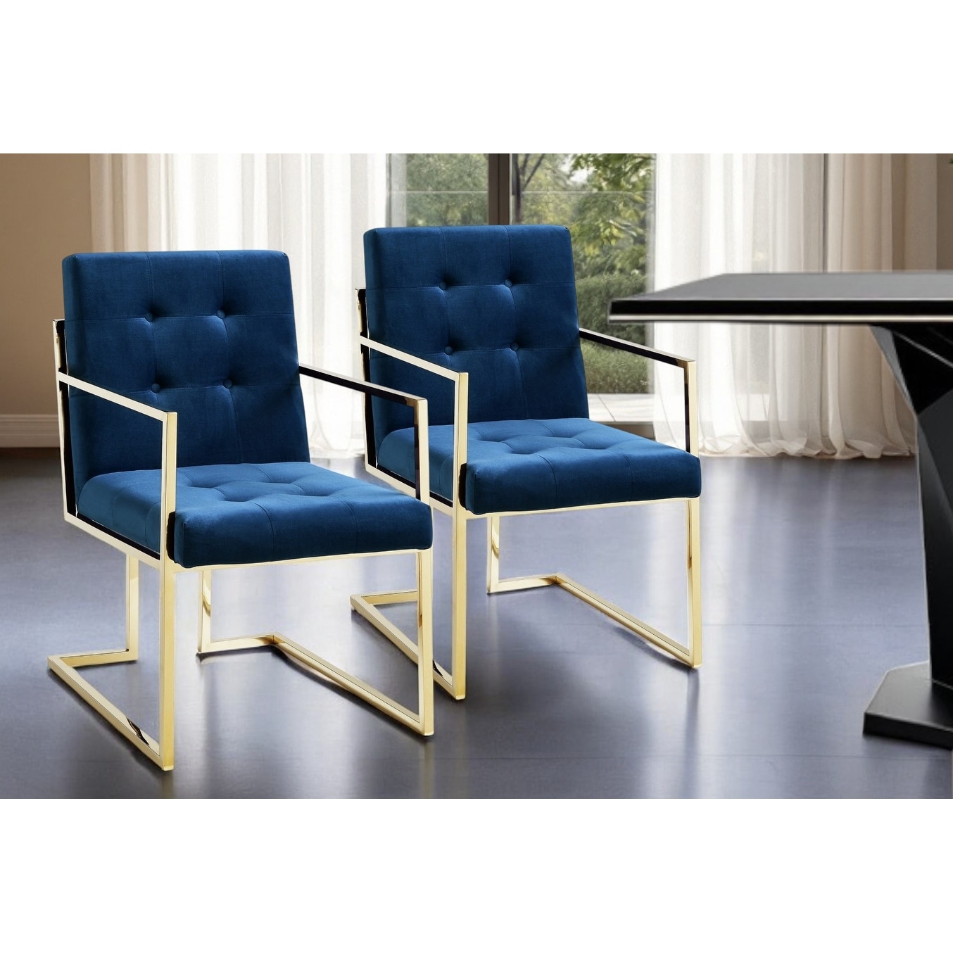 HomeRoots Set of Two Tufted Navy Blue and Gold Upholstered Velvet Dining Arm Chairs - 20.90 in. x 36.30 in. x 27.20 in.