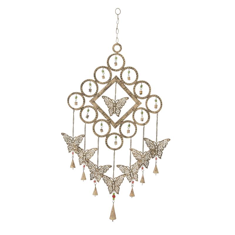 Brass Metal Butterfly Windchime with Beads and Cone Bells