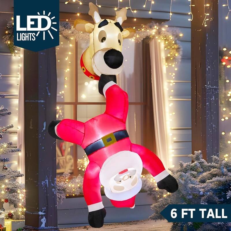 6 FT Tall Christmas Inflatable Falling Santa with Reindeer Broke Out from Window, Blow Up with Build-in LED - Multicolor