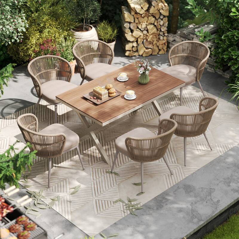 Outdoor 7-Piece Dining Chair with Shell-Shaped backrest and Table Set - Beige