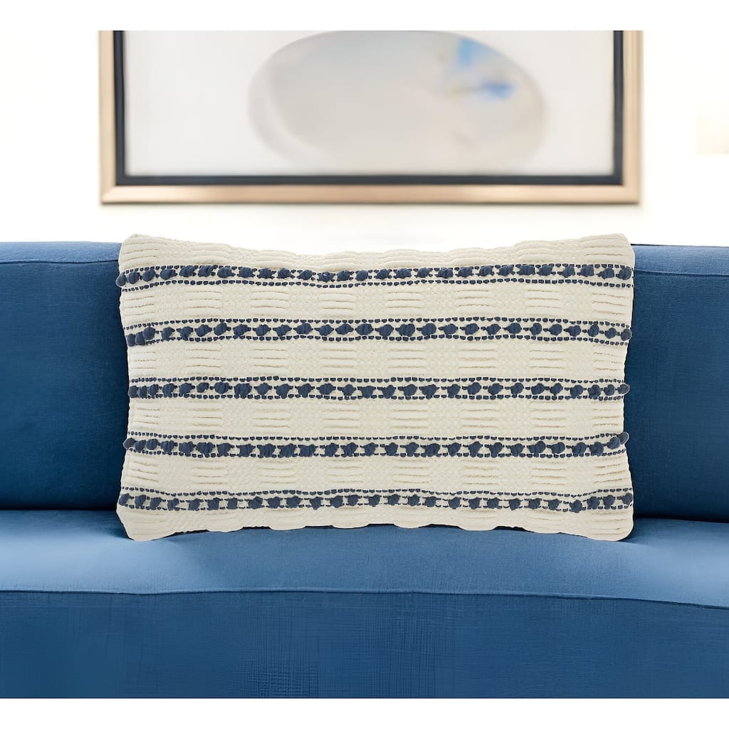 12" X 20" Ivory and Blue Striped Cotton Blend Throw Pillow With Texture