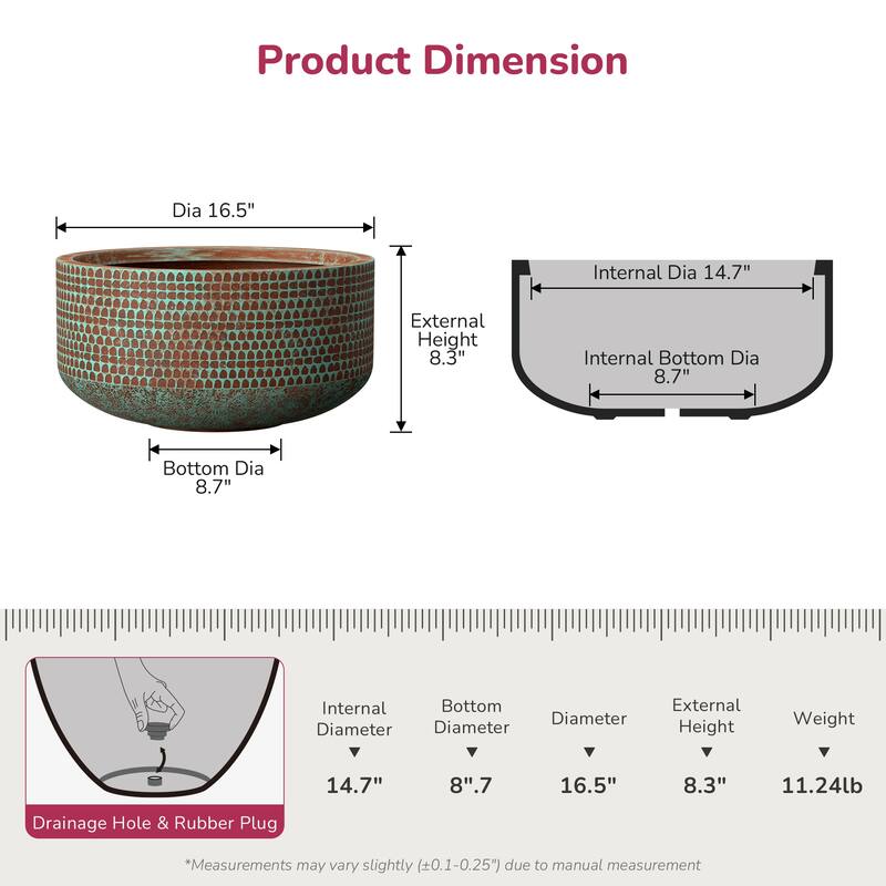 Round Concrete Bowl Planter with Drainage Hole and Enhanced Interior - 16.5 x 8