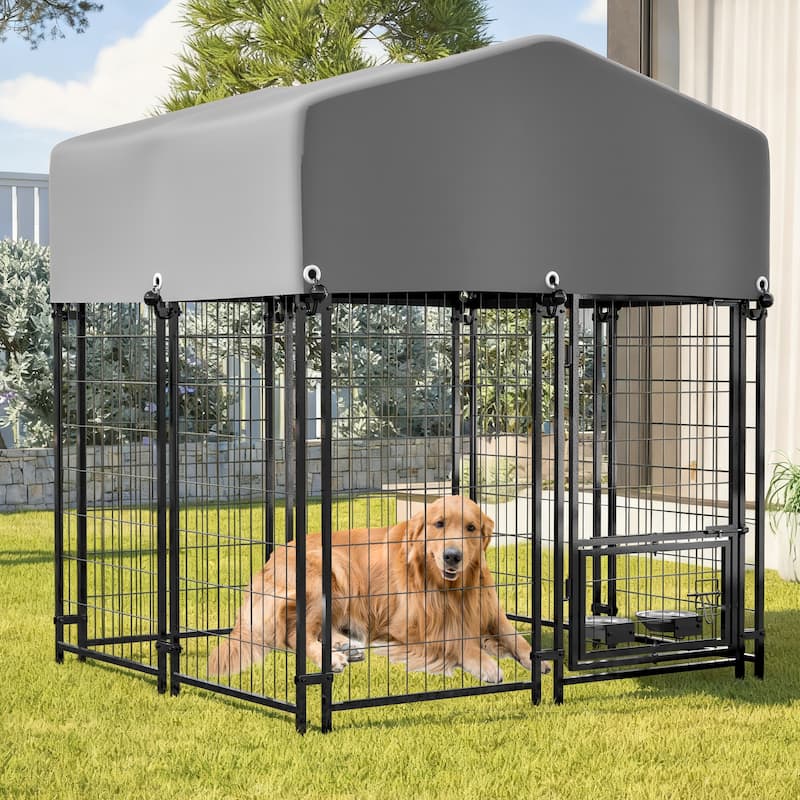 GDFStudio - Large Outdoor Heavy Duty Metal Dog Kennel with Roof, UV-Resistant Waterproof Cover, Double Lock & Rotating Feeder