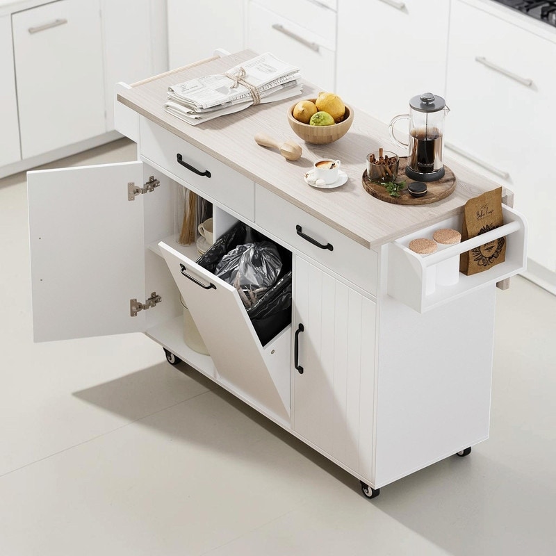 Mobile Kitchen Island on Wheels, Drop Leaf Design with Trash Cabinet, Spice Rack, Towel Rack, Drawer and Adjustable Shelf