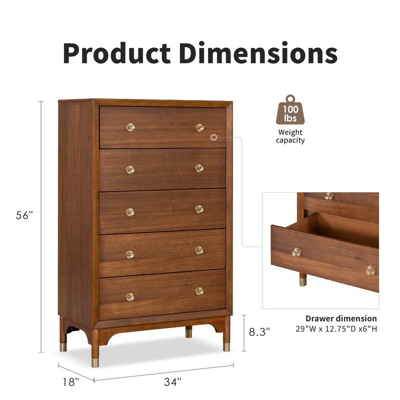 Furniture of America Forma Mid-Century Modern Walnut Solid Wood 5-Drawer Storage Chest