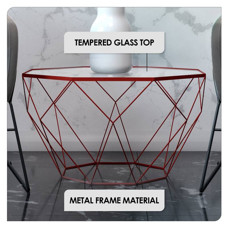 Malibu 22" Modern Octagon Center Coffee Table with Tempered Glass Table top & Sturdy Metal Geometric Base for Living Room Office