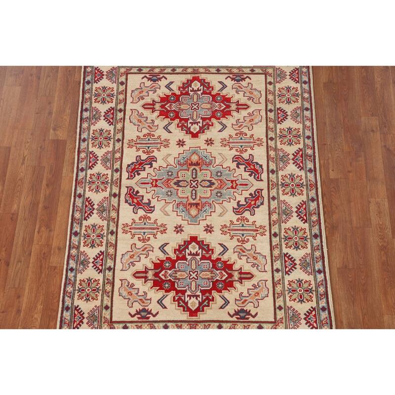 Geometric Beige Kazak Area Rug Handmade Oriental Wool Carpet - 3'11" x 5'10"