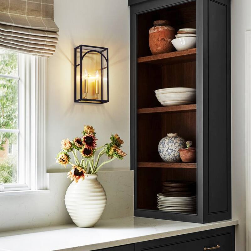2-Light Industrial Modern Black Rectangular Candlestick Clear Glass Wall Sconces - 7.9 in. W x 14 in. H x 3.7 in. D