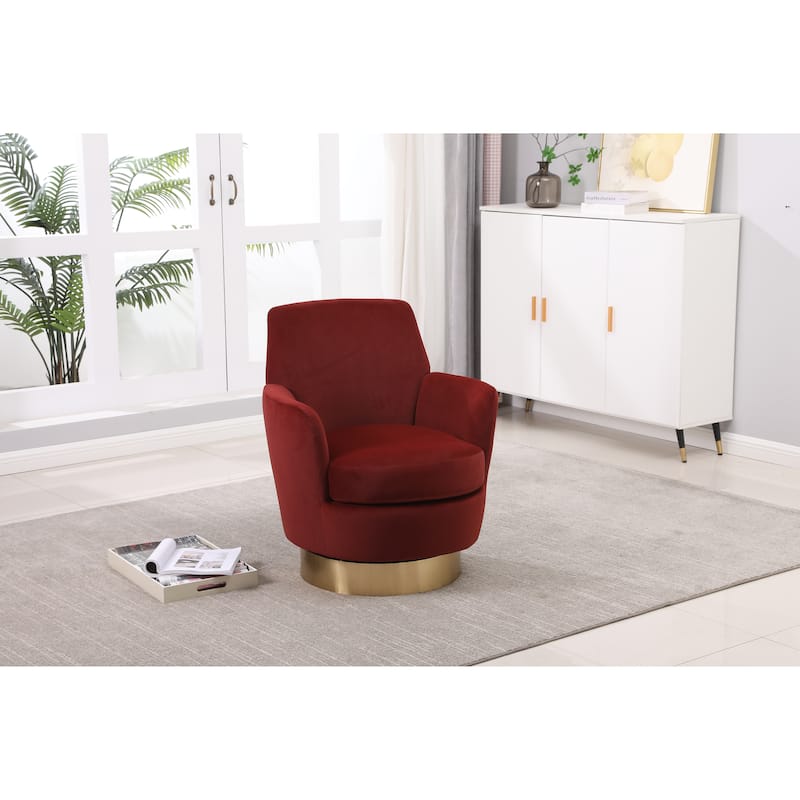 Red Velvet Modern 29.3" Upholstered Swivel Barrel Chair with Gold Stainless Steel Base