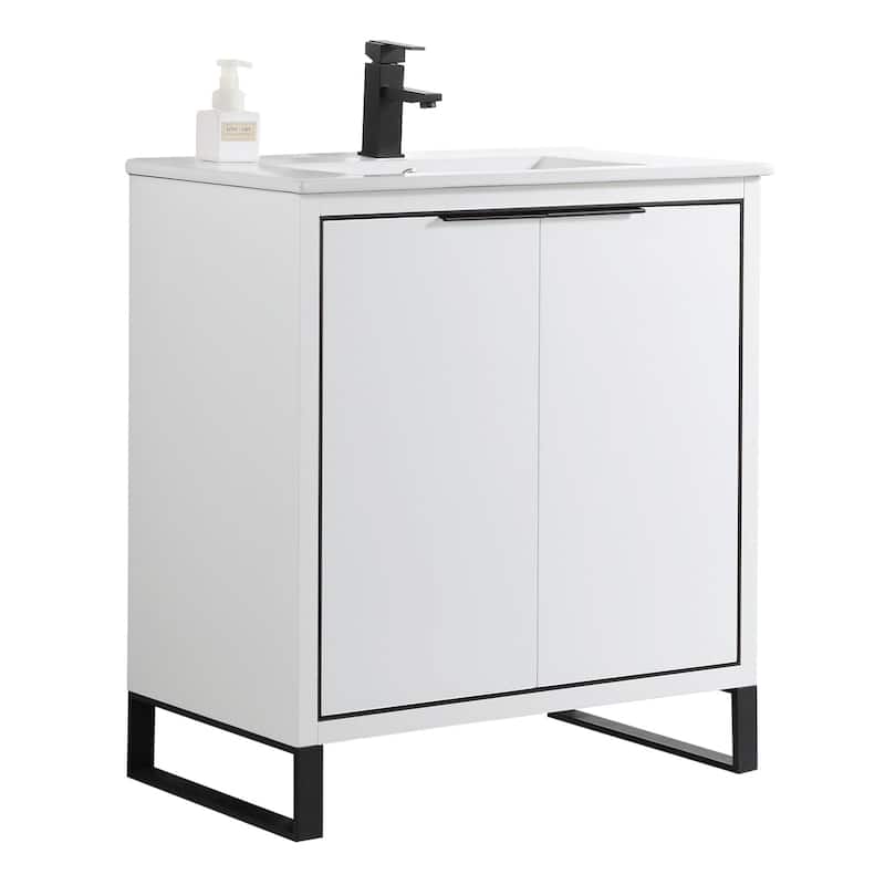Fine Fixtures Opulence Collection Bathroom Vanity with White Ceramic Sink - 30 Inch - White Matte - Black Hardware