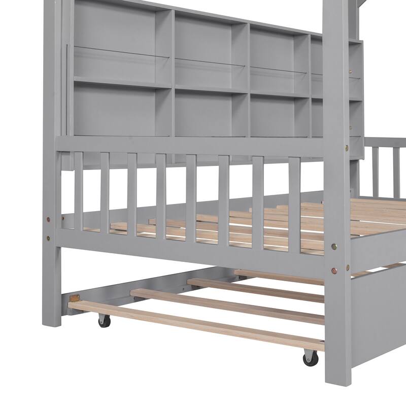 Pine Kids House Platform Bed with Trundle, Shelf, and Roof