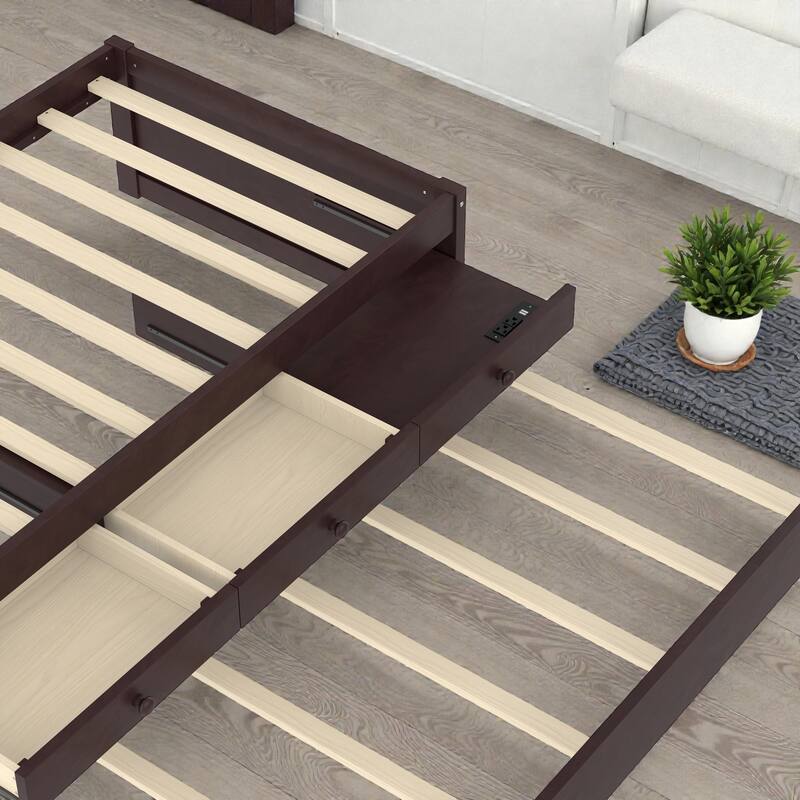 Platform Bed with Trundle, 2 Storage Drawers and Built In Power Strip, Solid Wood Bed Frame
