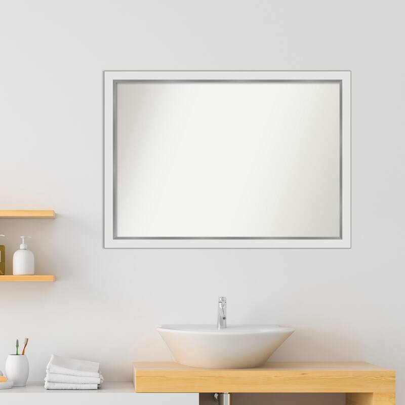 Eva White Silver Narrow Framed Non-Beveled Custom Wall Mirror, Bathroom Vanity Mirror