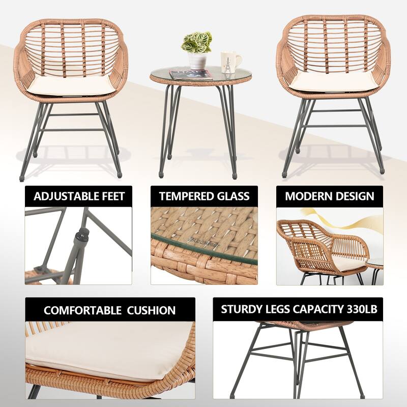Wicker Bistro Set Outdoor Furniture with Cushions (Set of 3) by Tappio - 21.2"L x 23.6"W x 31.5"H