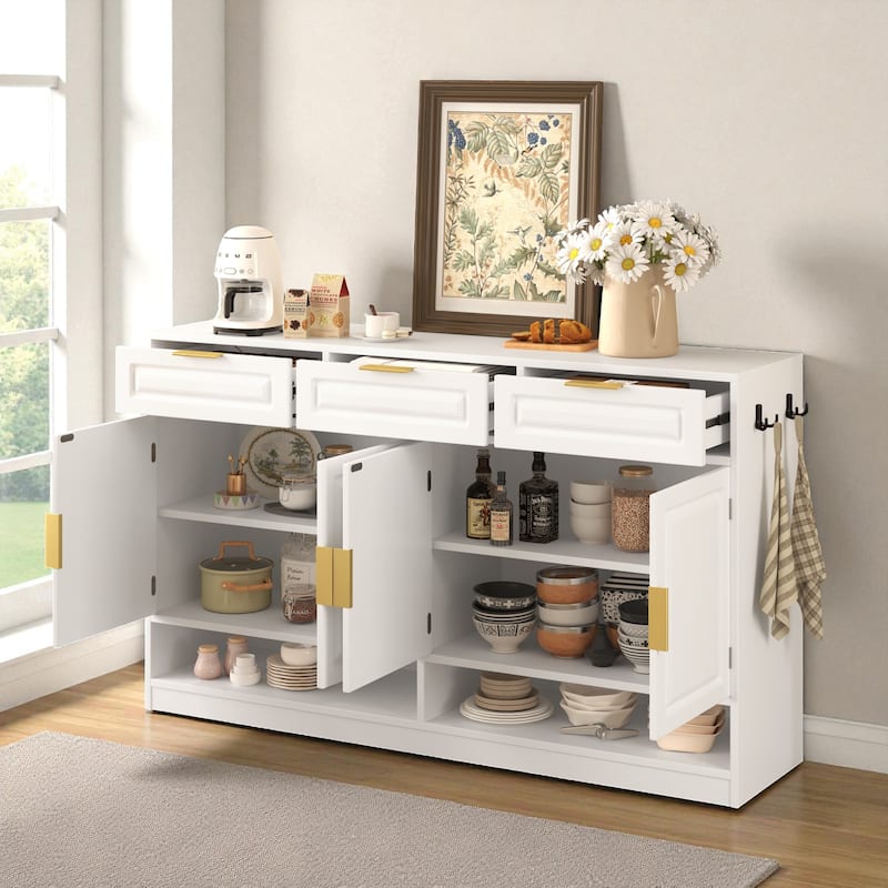 59.1" Farmhouse Sideboard Buffet with 3 Drawers, 4 Doors, Adjustable Shelf & Open Storage Compartments