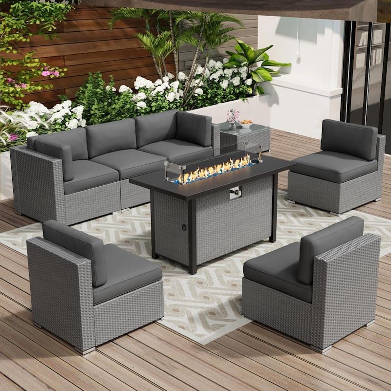 7-piece Outdoor Patio Grey Wicker Rattan Cushioned Sectional Sofa Conversation Set