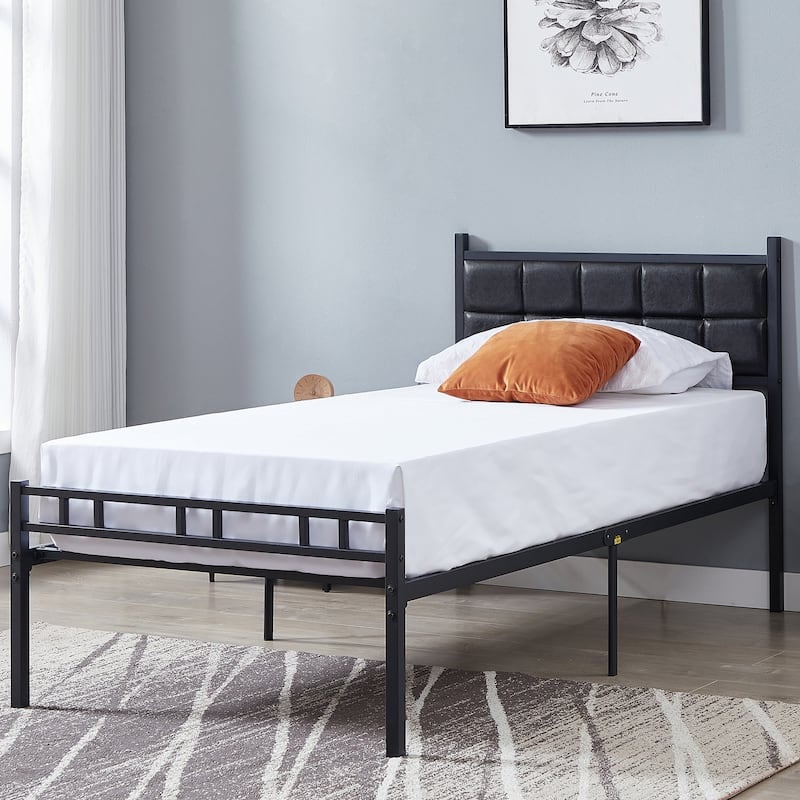 VECELO Faux Leather Tufted Bed, Metal Frame Bed Frame