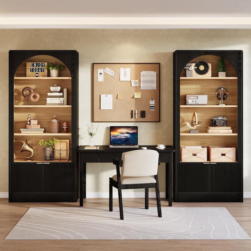 71" Tall 5-Tier Modern Arched Black Bookcase with Cabinet and Fluted Cabinet - 11.81"D × 31.5"W × 70.87"H