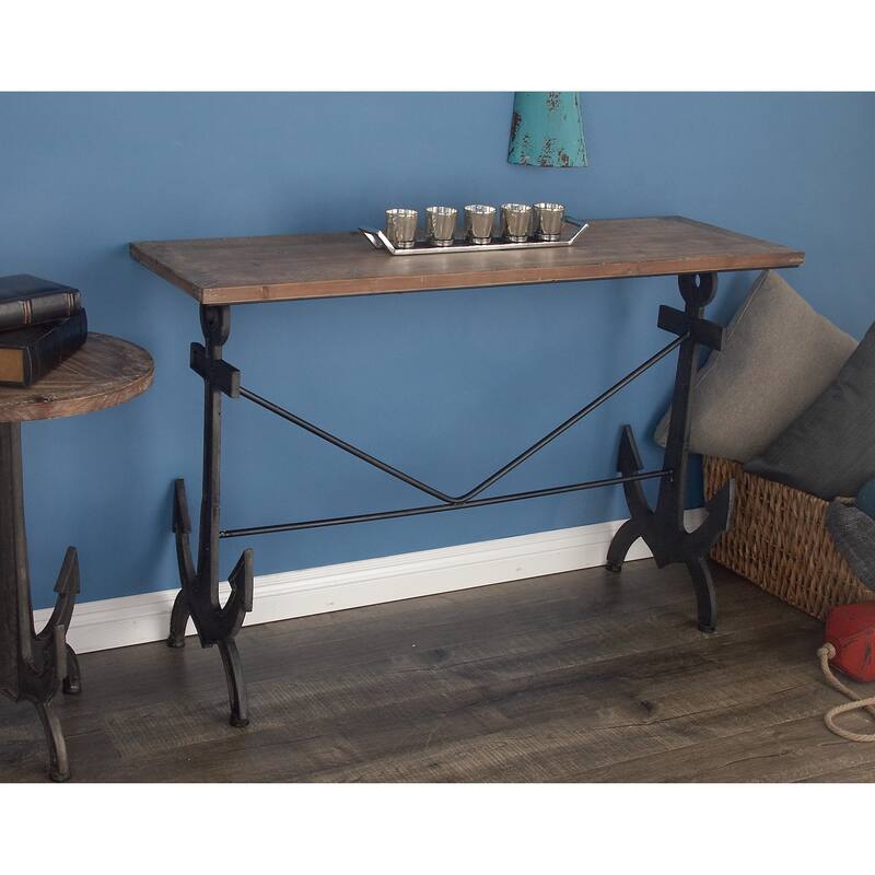 Metal Anchor Rectangular Console Table with Brown Wood Top - Black - Roche River Decor - 15"W x 48"L x 31"H